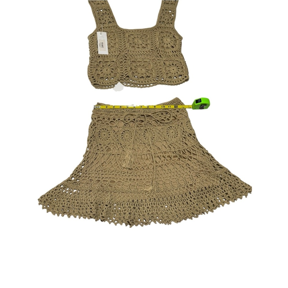 Lnable by Mable Tan Crochet Matching Set Crop Top Mini Skirt Boho Festival M - Picture 3 of 13